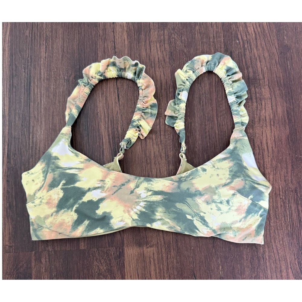Aerie Women's Olive Fun Printed Ruffle Scoop Bandeau Bikini Top Size Large NWT - Picture 3 of 8